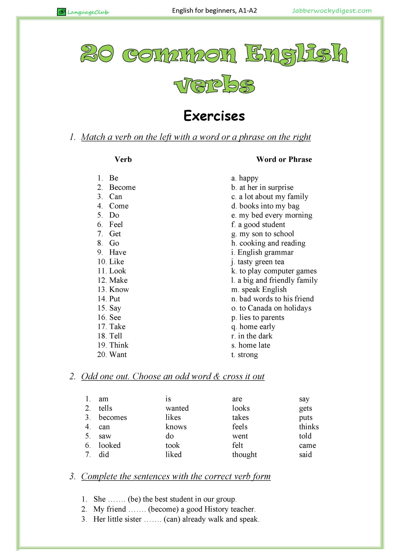 20 common English verbs exercises